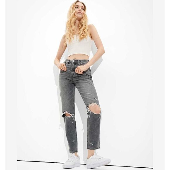 American Eagle Outfitters Size 2 LONG Ripped Highest Waist Mom Jean Grey/Black - Picture 1 of 12